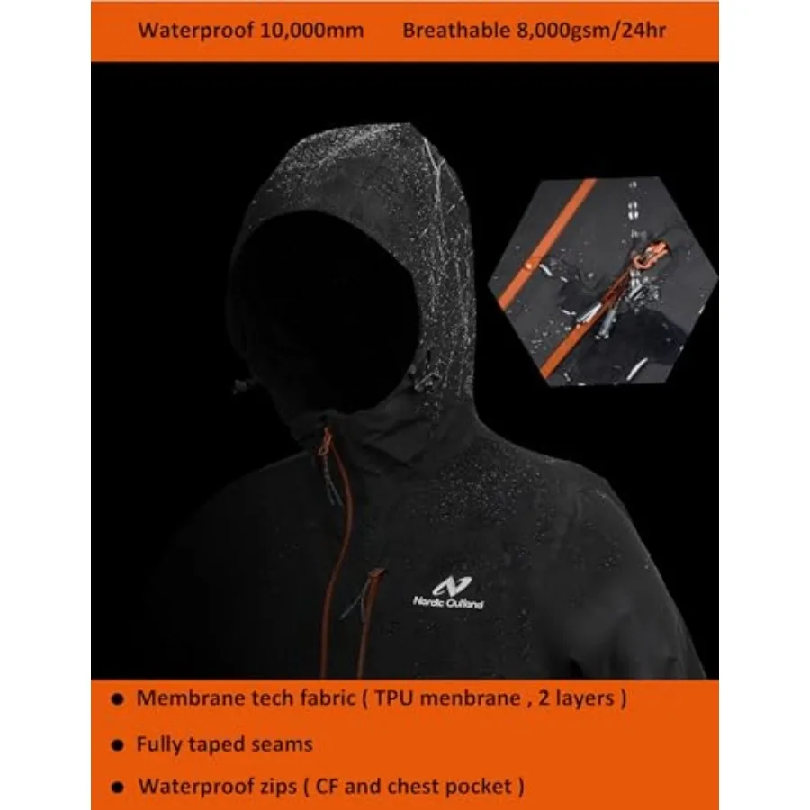 NORDIC OUTLAND Rain Jacket Men, Waterproof Breathable Long Raincoat with Hood Mesh Lining, Windbreaker for outdoor activities view 5