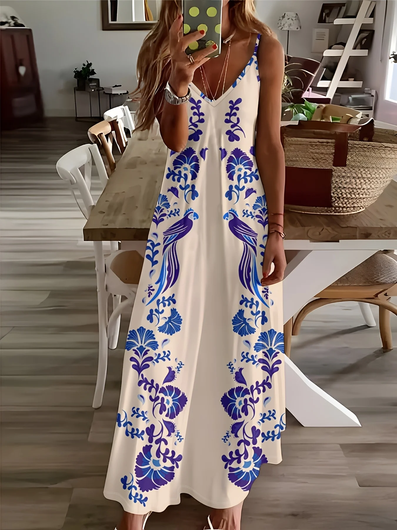 

Printed Design Casual Style Blue Floral Peacock Pattern Print Ladies' Dress