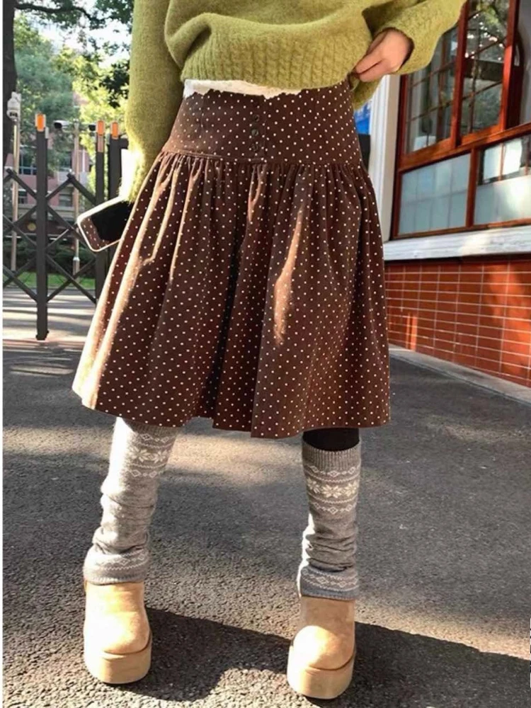 

Deeptown Vintage Brown Corduroy Skirt Women Korean Style Elegant Polka Dot Skirts Harajuku Autumn Winter Black Ruffle Skirts