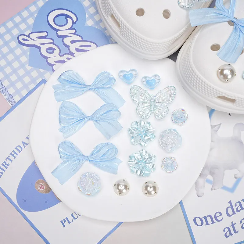 Luxury Blue Bow Heart Shoe Charms for Summer Beach Sandals Rhinestone Ballet Style Decorations DIY Accessories Women Girls Gifts