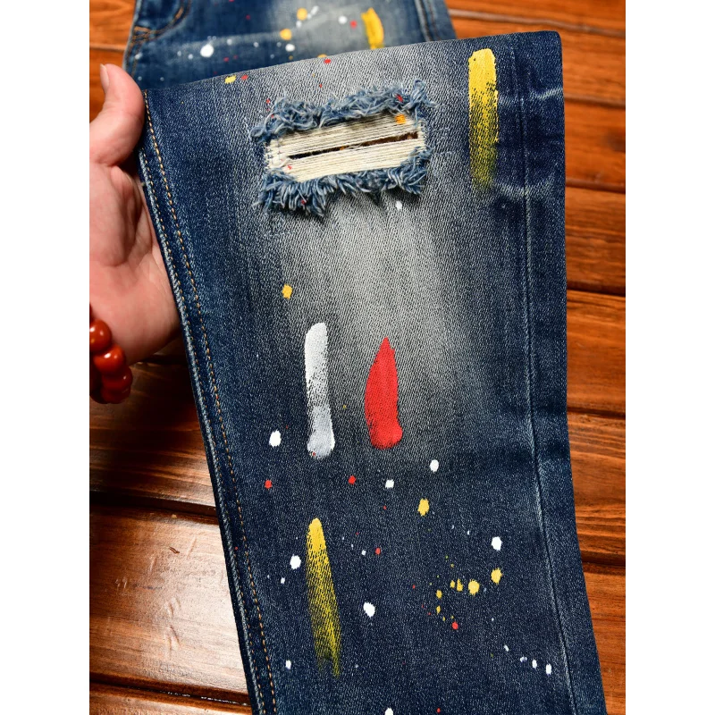 Paint Print Retro Jeans for Men Street Style Trendy Handsome Men's Clothing Distressed Slim Fit American Style Men's Pants