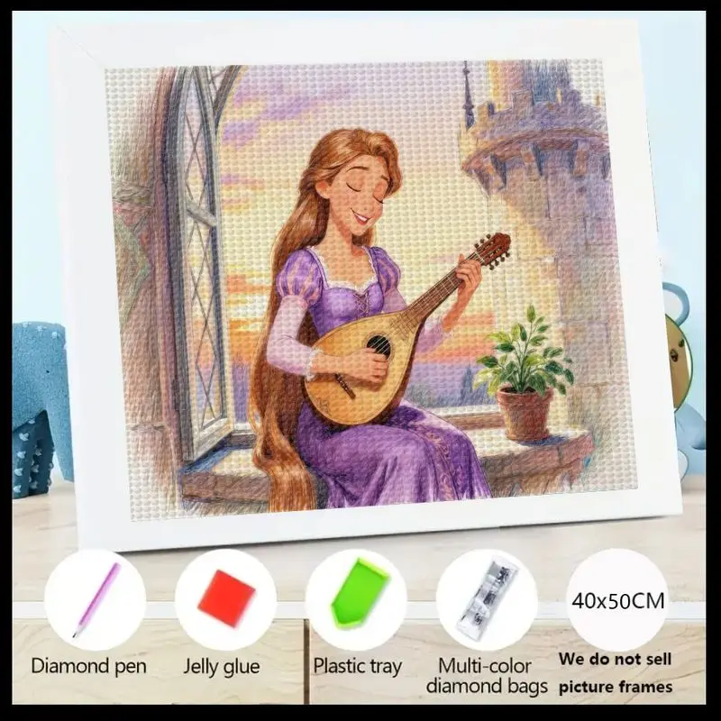 

1 шт. 5D DIY полный дрель набор для алмазной живописи, фантазийная принцесса для девочек, играющая на мандолине за замку, сцена заката, большой размер 40x50 см