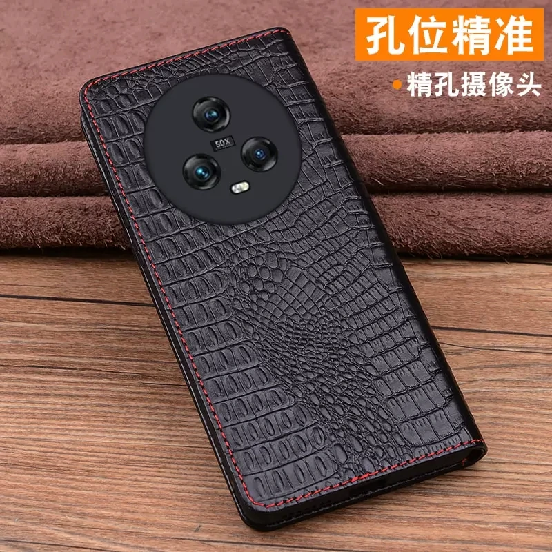 Original Genuine Cowhide Leather Flip Case for Honor Magic 5 Pro Business Crocodile Grids Pattern Phone Cover Full Coverage Book