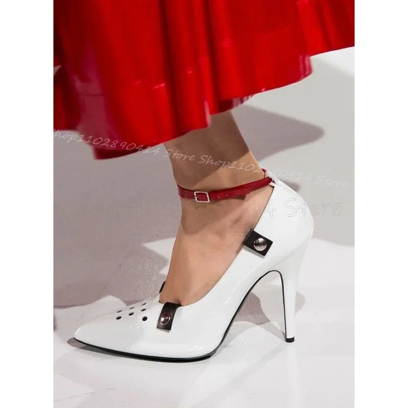 

White Rivets Decor Breathable Pointed Toe Pumps Ankle Buckle Strap Women Shoes Thin High Heels Runway 2025 Zapatos Para Mujere