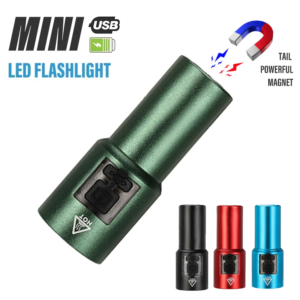 Mini Portable 3*XPE Flashlight USB Rechargeable Aluminum Alloy Flashlight Tail Magnetic Work Light Outdoor Camping Fishing Torch