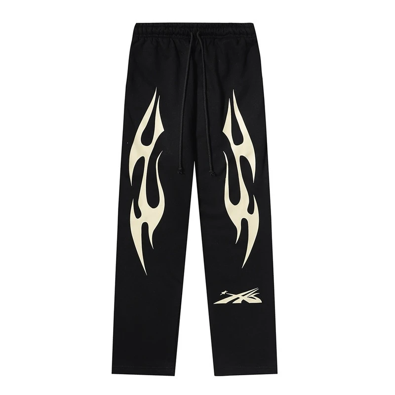Sports Sweatpants Cream Flame Print Loose Straight Leg Casual Sweatpants for Men Women hip hop pants
