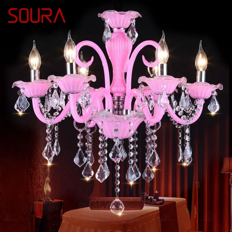 SOURA-lámpara colgante de cristal rosa para habitación de niñas, candelabro de vela para habitación de niños, sala de estar, restaurante y dormitorio