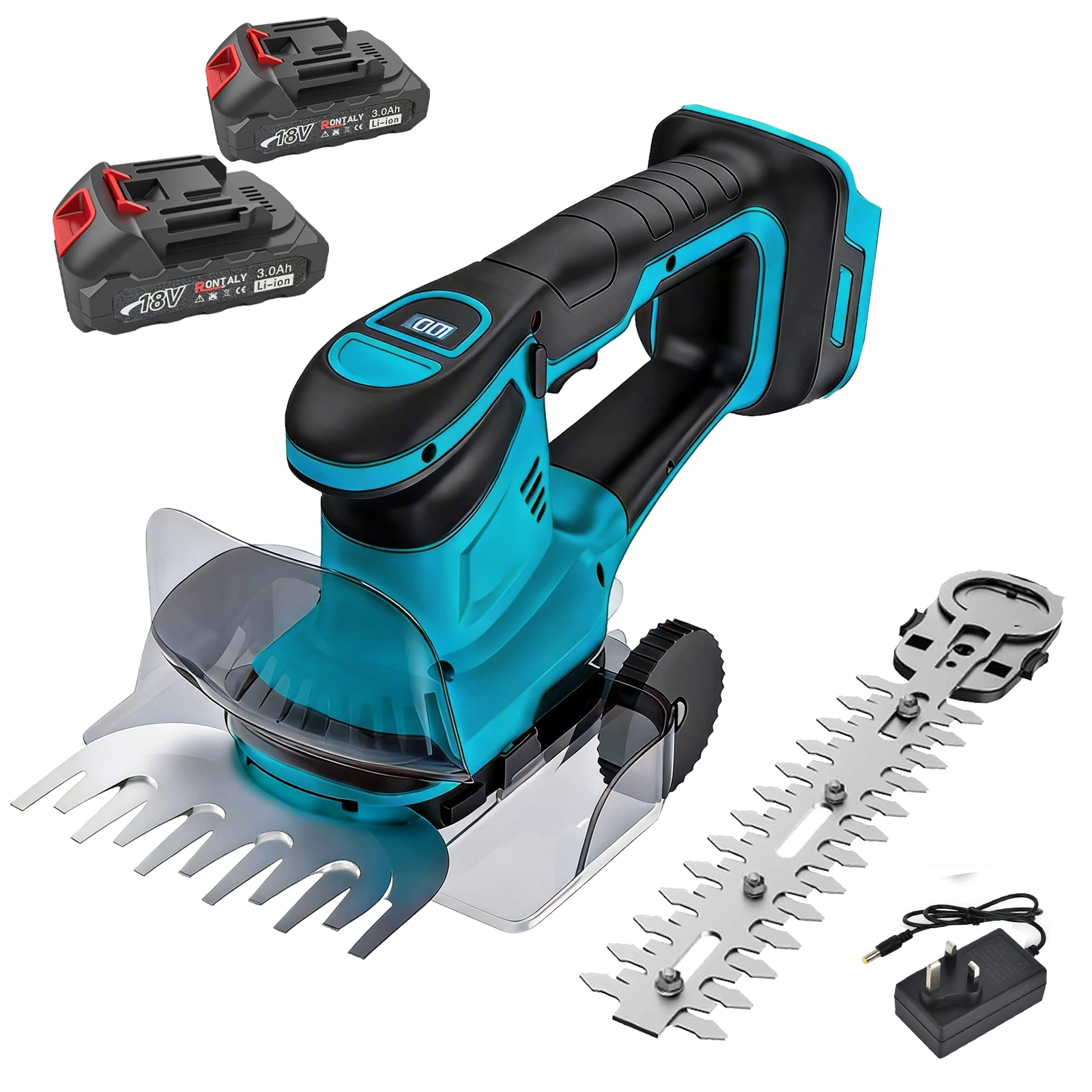 2-in-1 18V Akku-Heckenschere, Handgeführte Elektrische Grasschere, Strauchschneidewerkzeug, Wiederaufladbarer Garten-Buschschneider mit 2 Stück 3,0Ah Lithium-Batterien und Ladegerät, Kompatibel mit
