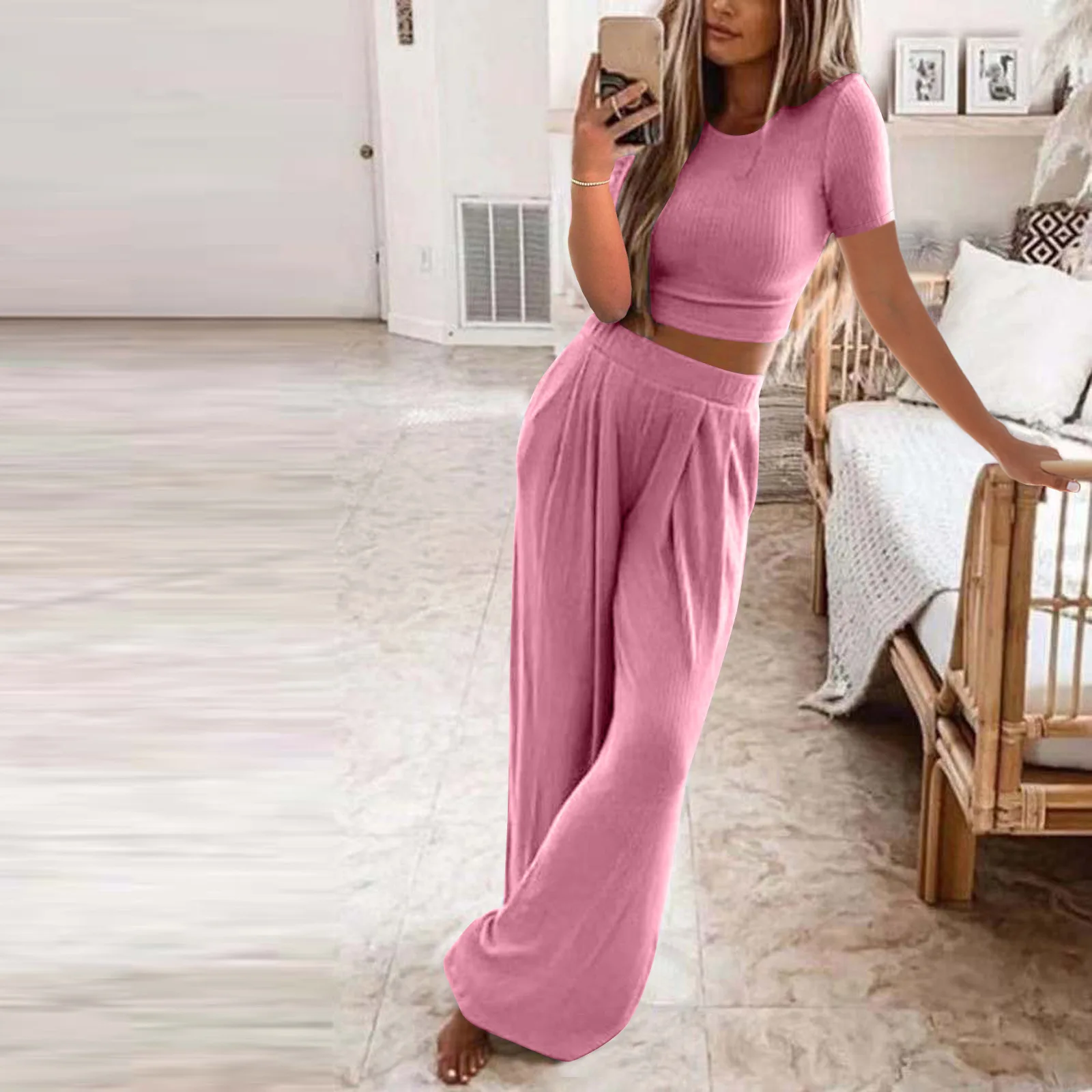 Spring Summer Solid Knit 2-Piece Set Women's Casual Lounge Wear
