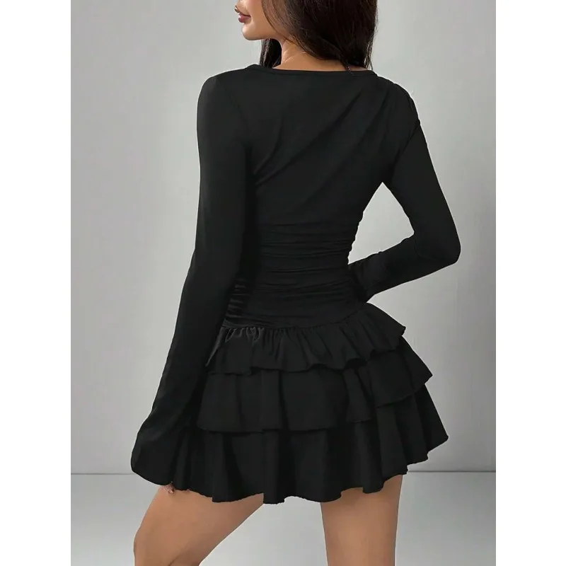 2025 Autumn Solid Slim Fit Cascading Ruffles Mini Dress Winter Women Elegant Flare Sleeve High Waist Sexy Party Bodycon Dresses