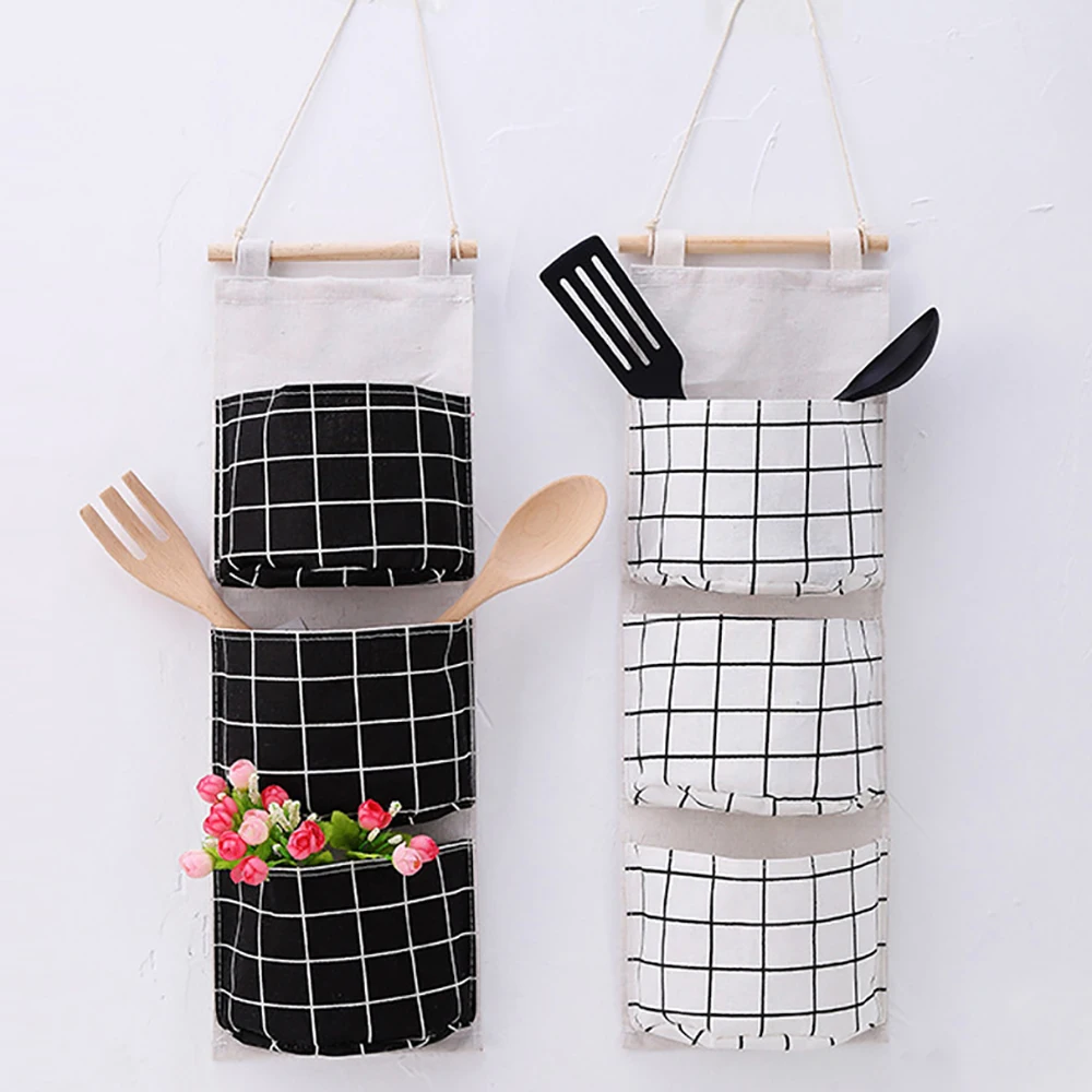 1PC Three Pockets Hanging Organizers Storage Bag Household Bedroom Living Room Kitchen Cotton Linen Storage Bags