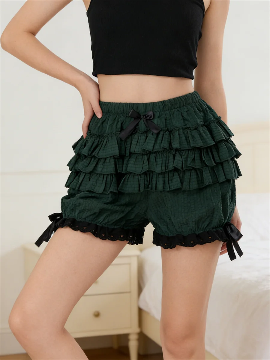 Summer Women Layered Bloomers Shorts Bowknot Lace Trim Ruffle Elastic Waist Short Pants Casual Lounge Y2K Shorts
