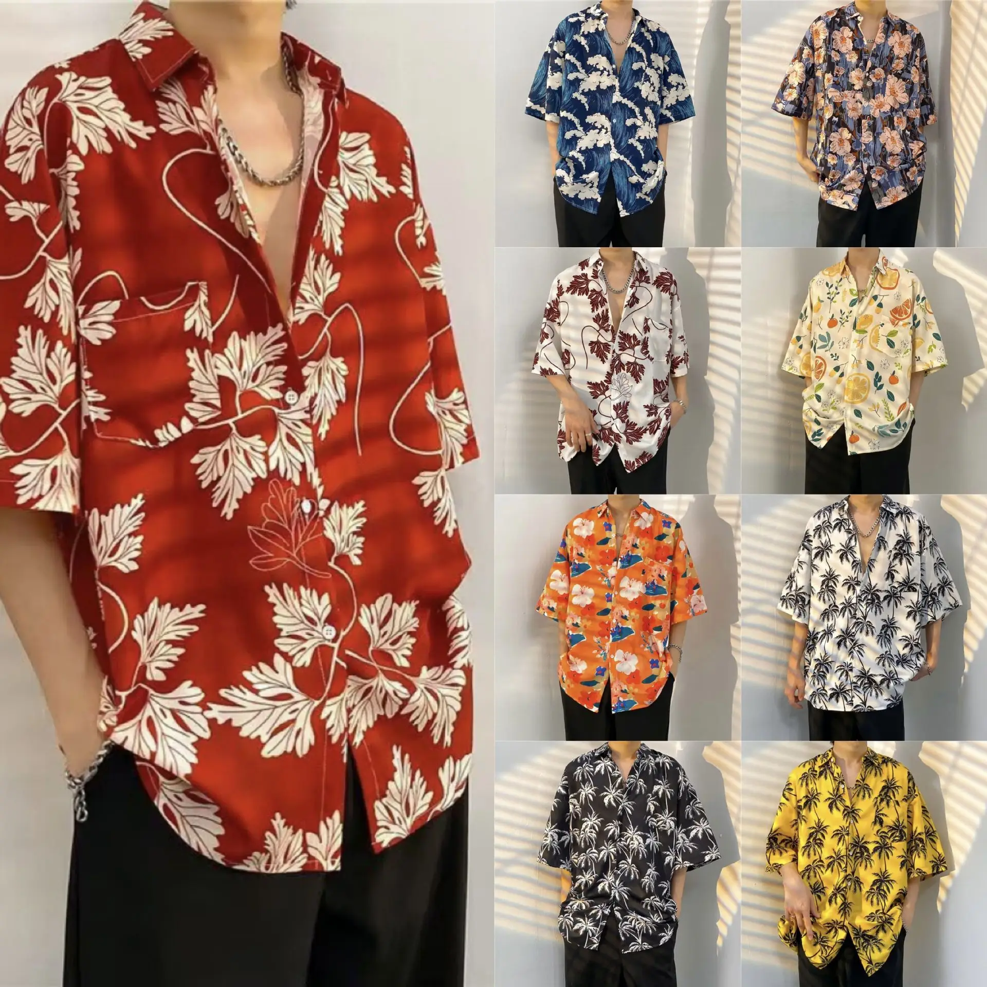 

Printed Shirt Men's Short Sleeved Shirts Summer Trend Loose Fitting Oversized Beach Top Men Clothing Turn-down Collar