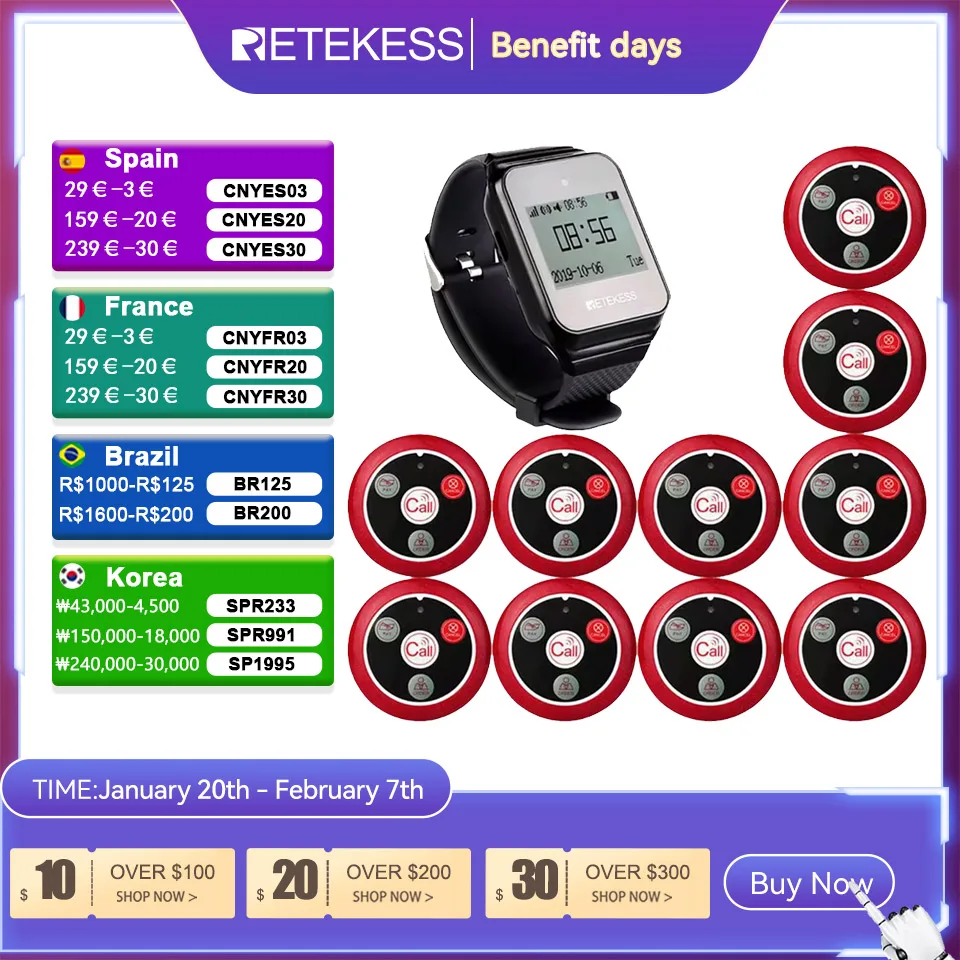 Retekess Wireless Calling System Restaurant Pager TD108 Waterproof Watch Receiver T117 Waiter Call Buttons For Hookah Cafe Bar