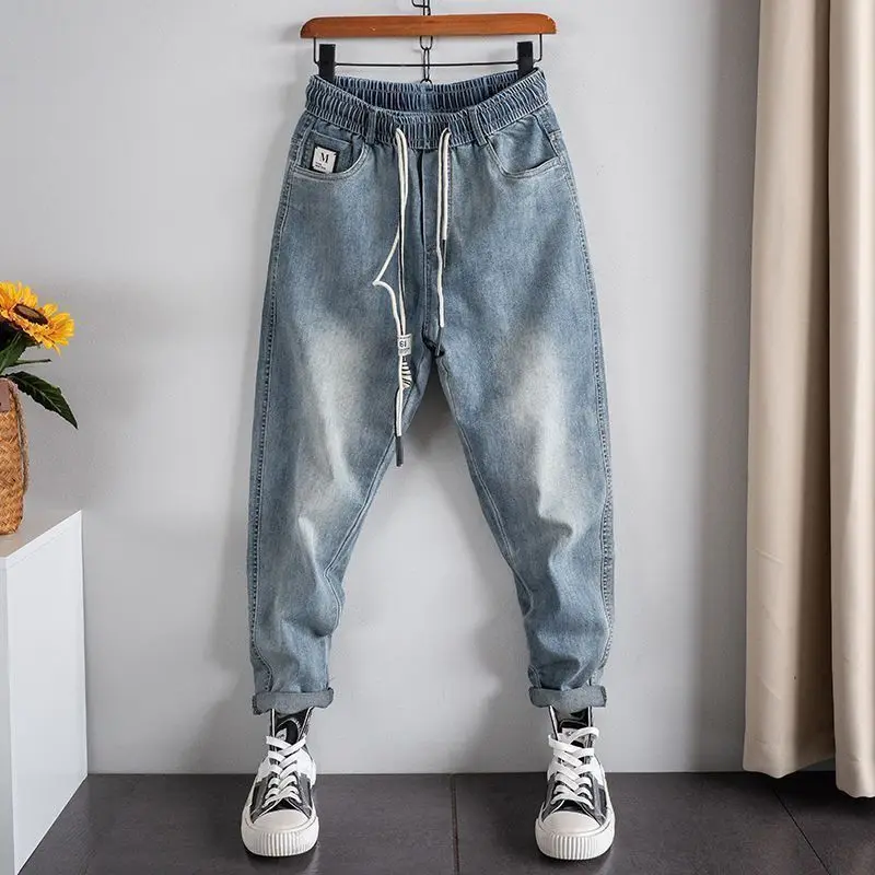 

Drawstring Trendy Brand Men's Jeans Man High-end Trendy Brand Korean Loose and Thin Pants Trendy Elastic Cargo Harlan Pants