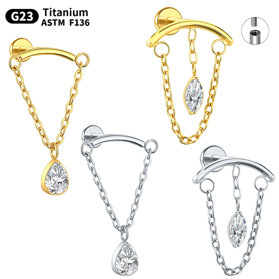 1 pièce Piercing hélix dissimulé en titane ASTM F136, avec pendentif vertical et chaîne, clou à dos plat, pour cartilage, conque, tragus, bijou sexy