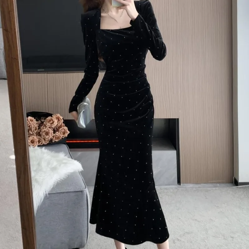 Matakawa Evening Party Dresses Women Beading Black Velvet Autumn Winter Vestidos Mujer Elegant Korean Fashion Long Dress