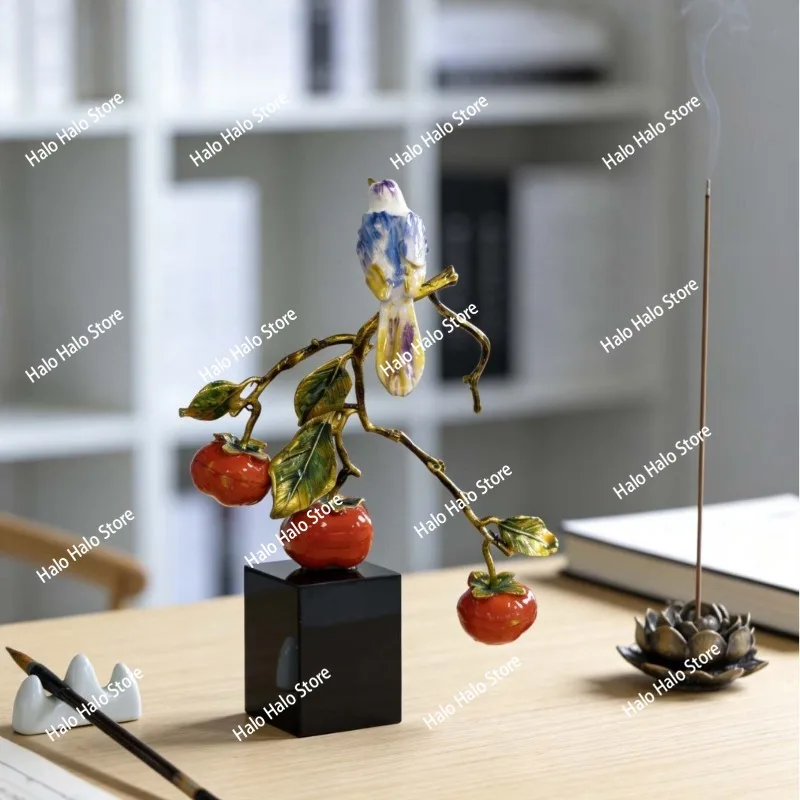 New Chinese enamel magpie persimmon crystal base ornament creative home living room entrance decoration handicraft gift