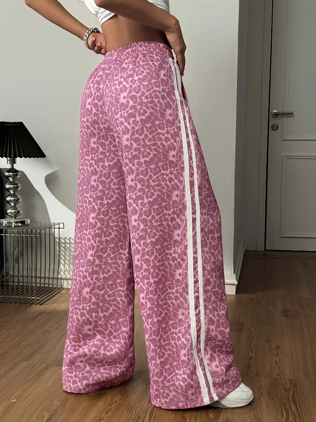 2026 New Purple Leopard Print Straight Pants Side Stripe Loose Trousers Y2K Vintage Streetwear Casual Loungewear Bottoms kids