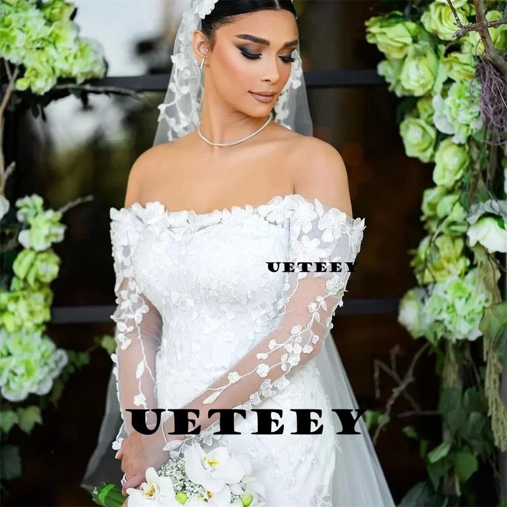 UETEEY Customized Elegant Boat Neck Off Shouler Detachable Long Sleeves Mermaid Wedding Dress Applique Lace Up Back Bridal Gown