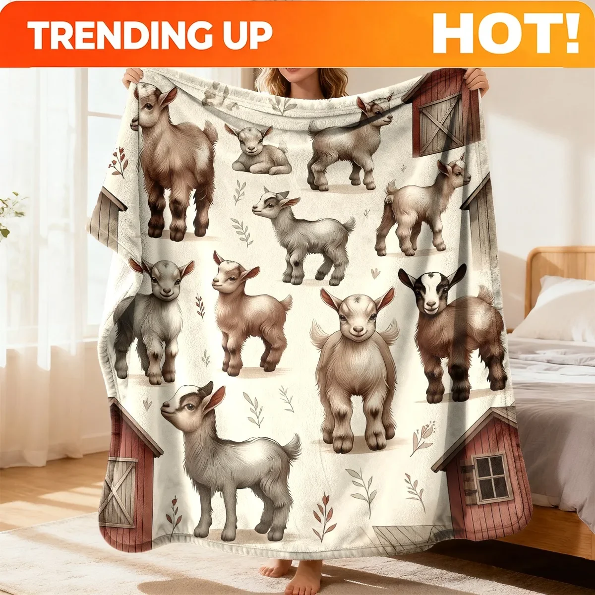 Customization Cute Goats And Farmhouses In Rustic Art Pattern Flannel Trendy Printing Nap Blanket Soft Balcony Christmas Gift Pe