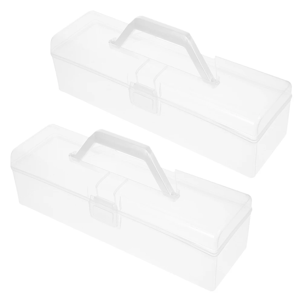 

2pcs Clear Plastic Boxes For Office Supplies Art Crafts Sewing Tools Portable Handle Multifunctional Stationery Organizer