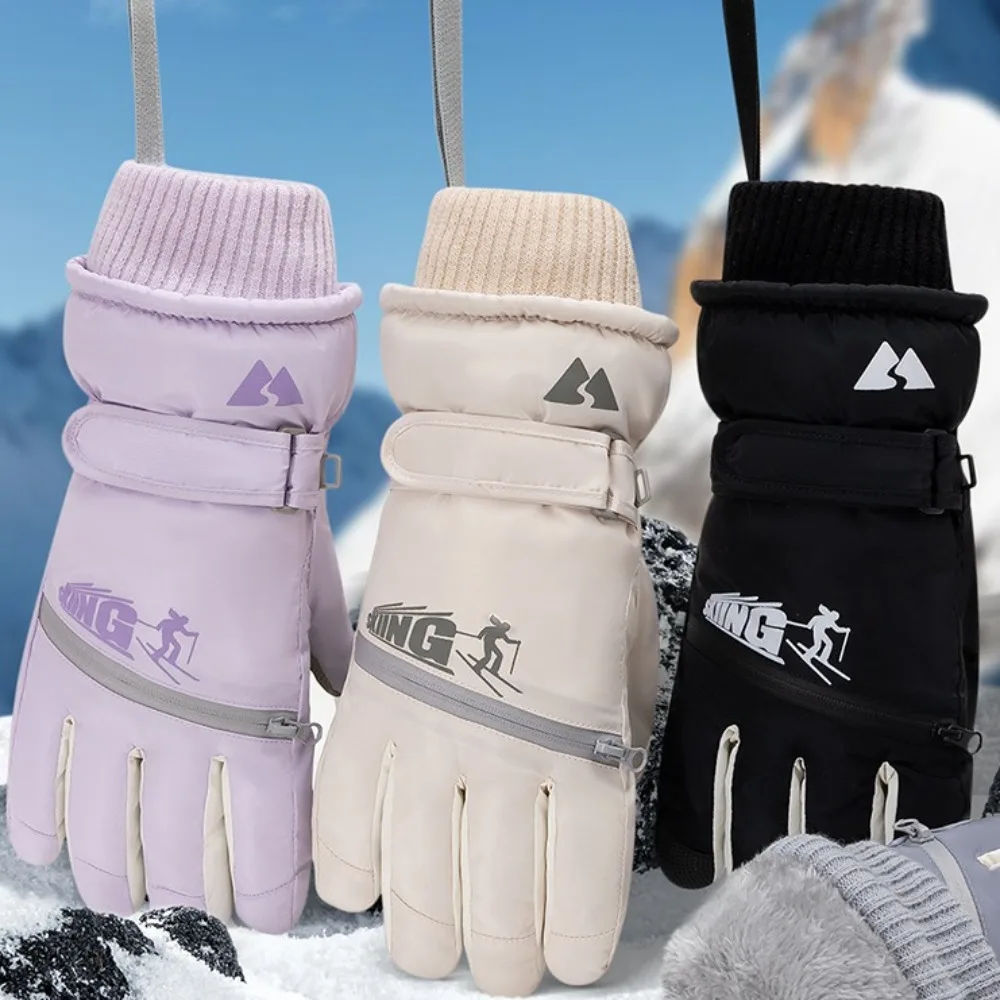 Touch Screen Full Finger Gloves Plush Portable Snow Warm Gloves Thicken Anti-lost Lanyard Winter Warm Gloves Snowboard