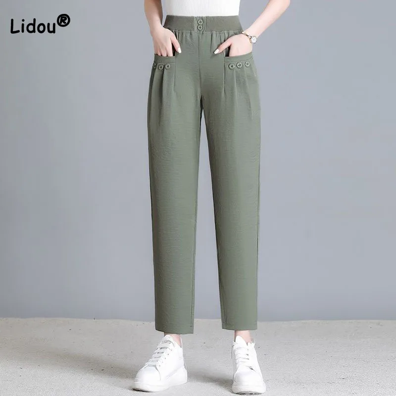 

Commute Loose Button Spliced Fashion Women's Pants Summer Casual Elastic High Waist Solid Straight Trousers Female Clothing