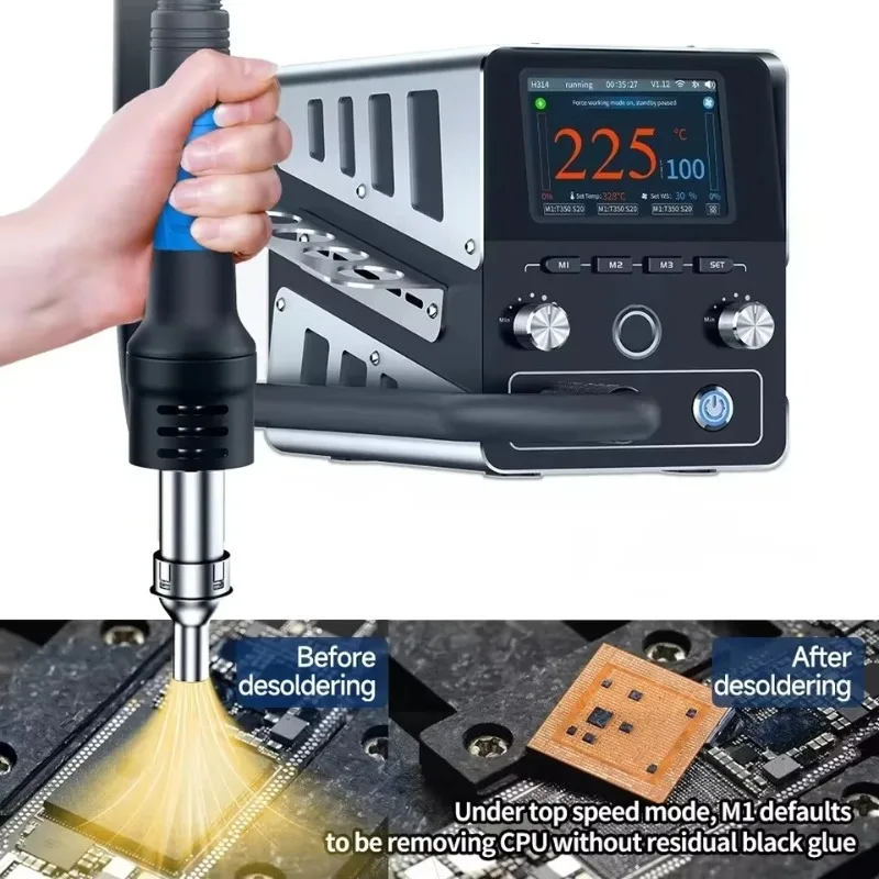 H314 Smart Hot Air Rework Station 1400W High Power Digital Desoldering Gun with Swirl Straight Air for Phone Repair