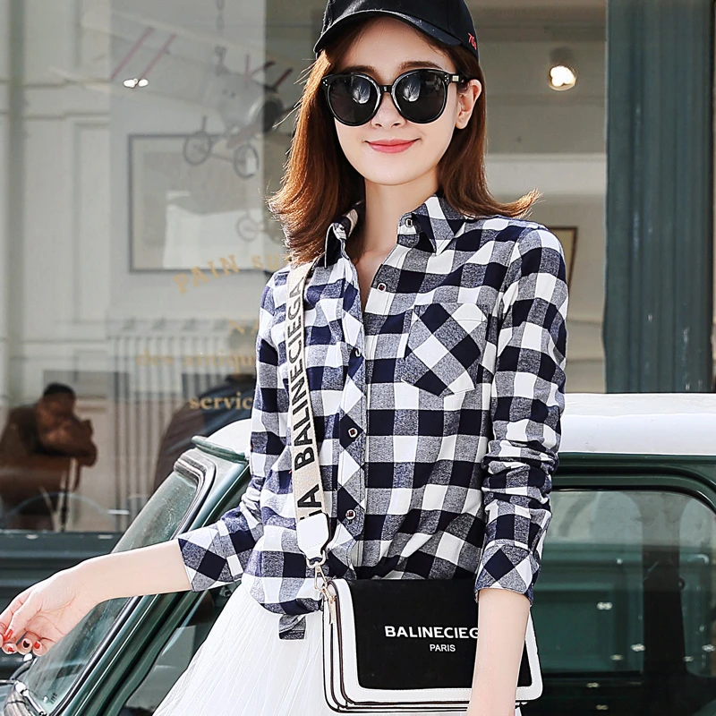 New in shirt 100%cotton long-sleeve shirts for women slim fit shirt elegants plaid tops fashion soft clothes streetwear blouse