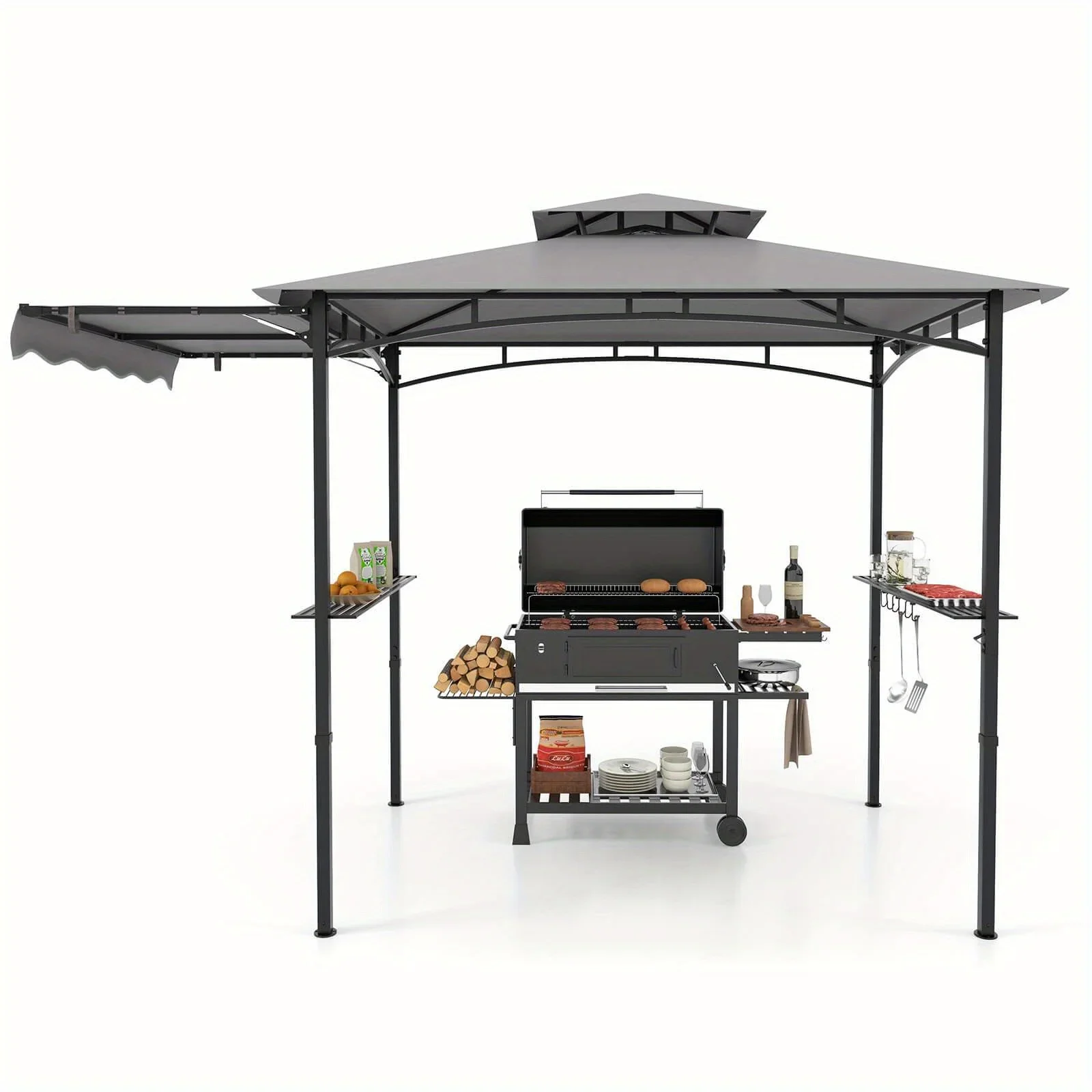 10.5 x 5 FT Deluxe Grill BBQ Gazebo - Double-Tiered Top, 2 Side Shelves, Side Awning, Spacious Cooking Area, Perfect for Outdoor