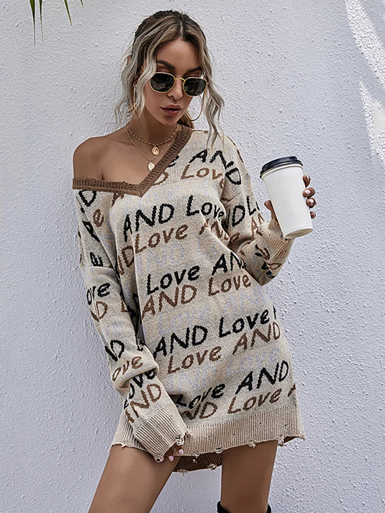 JIM & NORA Jumper Letter Print Cardigans Sweater Women's Autumn Winter Love Knitted Lazy Mujer For Women New Loose Female Casual