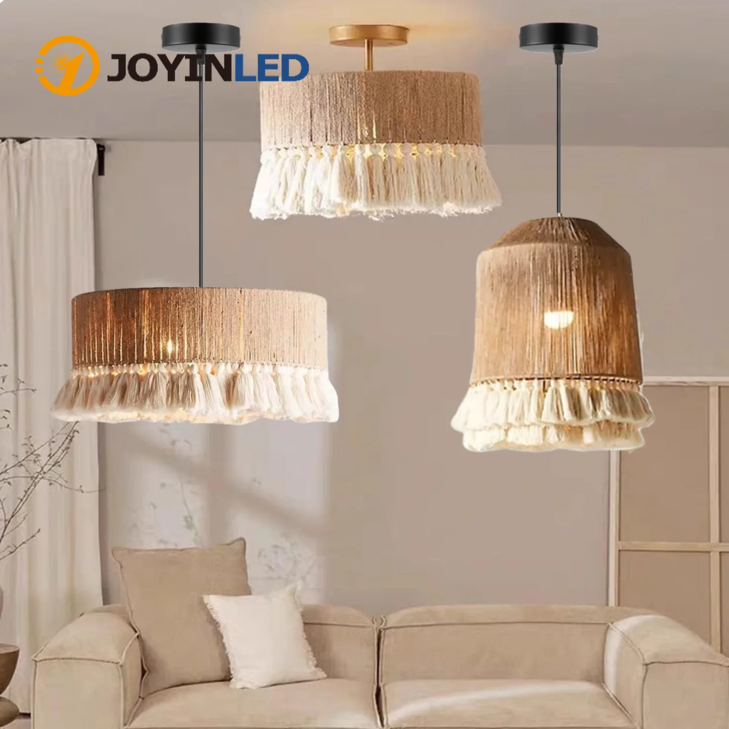 

JOYINLED Hand Woven Hemp Rope Chandelier 30/40/50/60cm Large Drum Pendant Light with Tassel Boho Farmhouse Lighting E27 Lamp