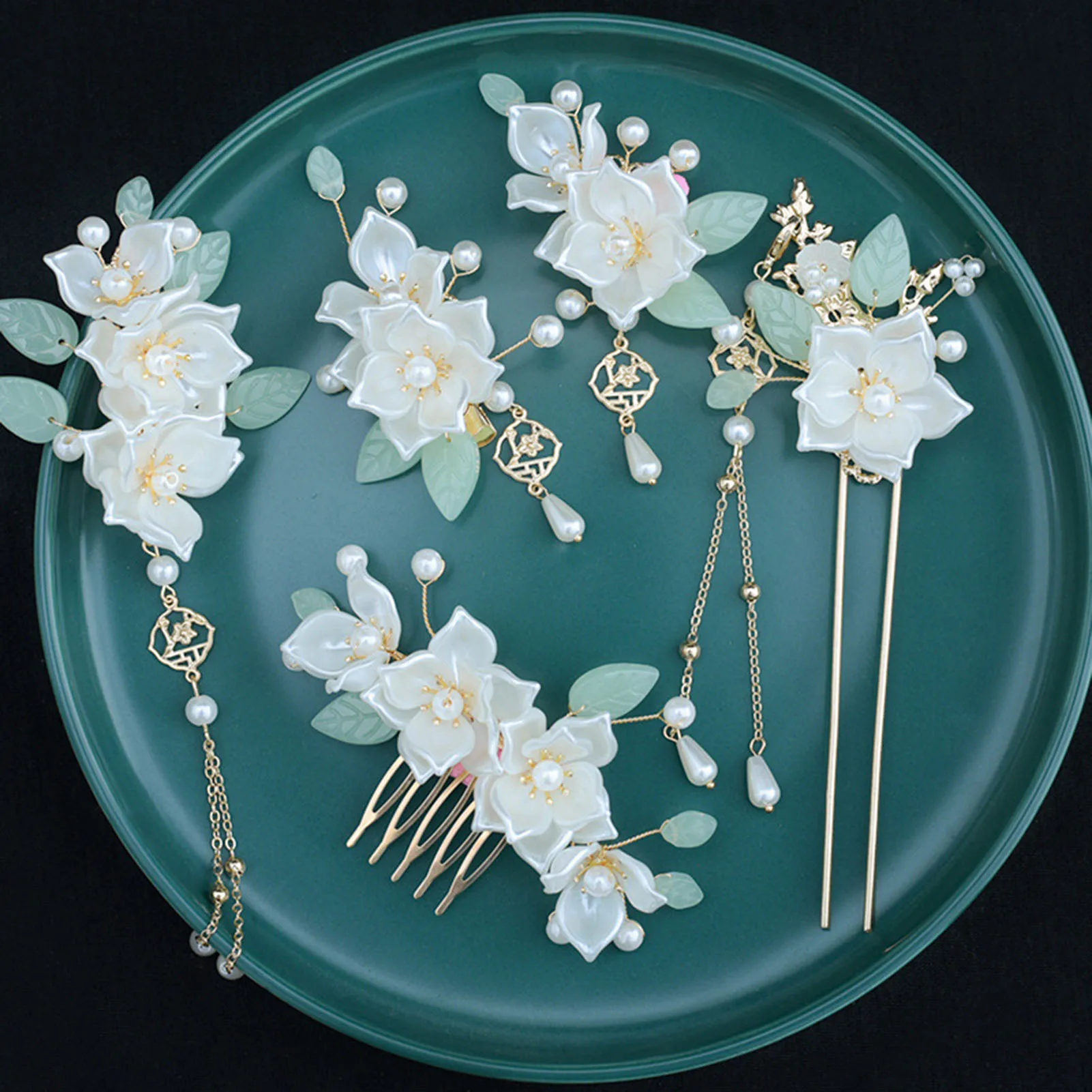 Hair Jewelry Headwear Set Imitation Pearl Gardenia Decor Headdress for Women Girls and Hairdressing Salon