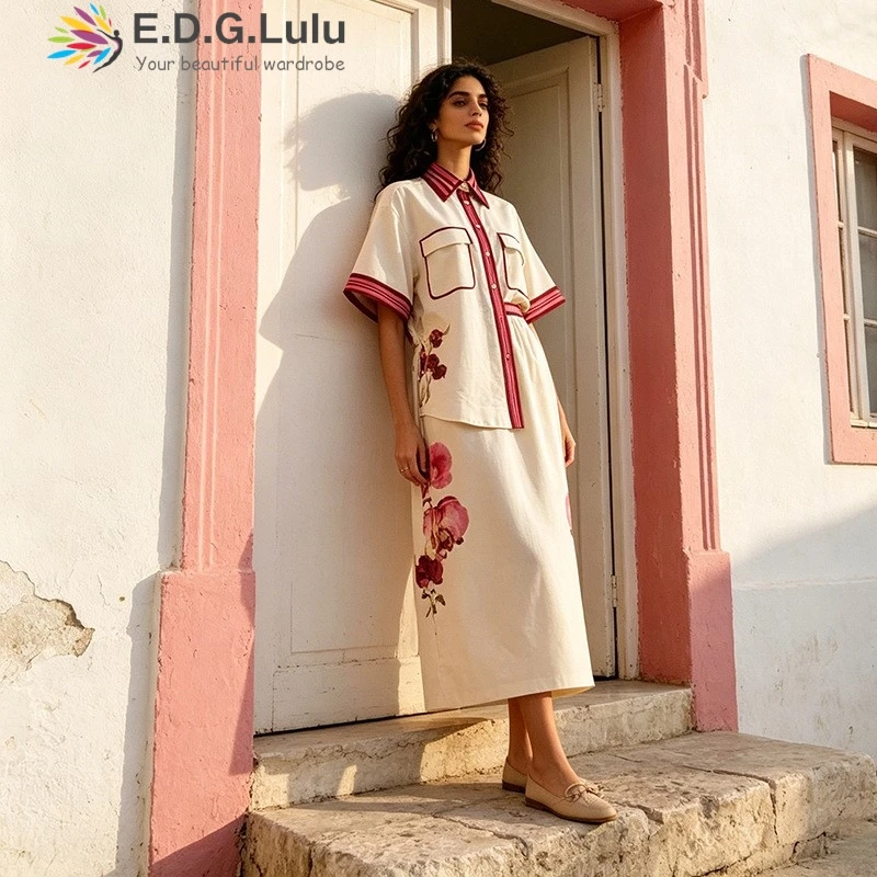 

EDGLuLu Turn-Down Collar Short-Sleeved Top+High Waisted Long Skirt Leisure Loose Print Set Outfits For Woman 2 Piece Set 0429
