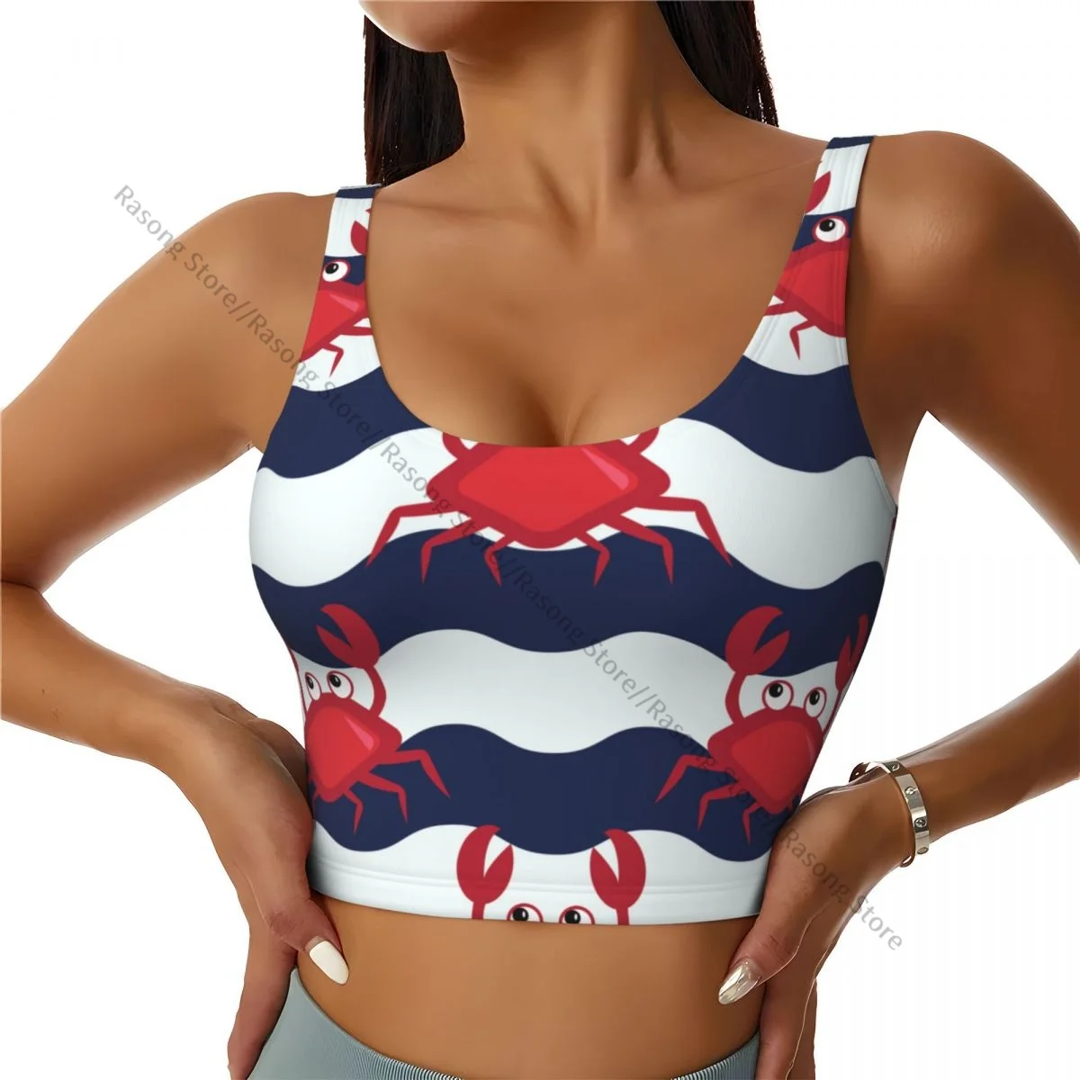 Yoga Vest Women Gym Sports Crop Tops Nautical Crabs Cute Crabs Striped Background Streetwear Workout Breathable Tank Top Female