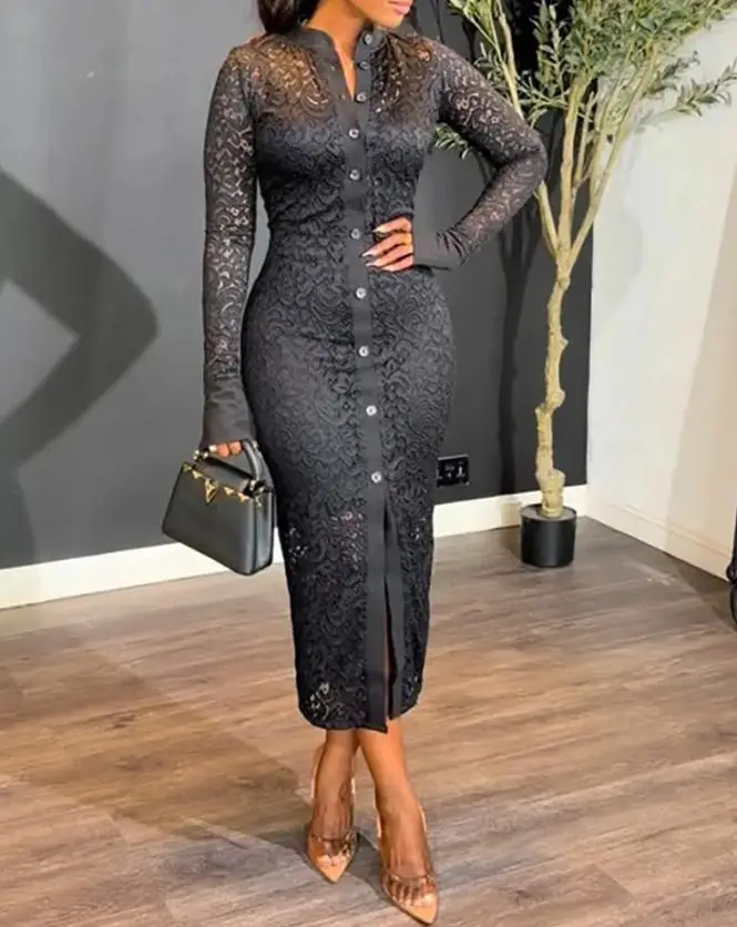 

Women's Stand Up Collar Floral Lace Long Sleeved Button Down Slim Fit with Vest Lining Set