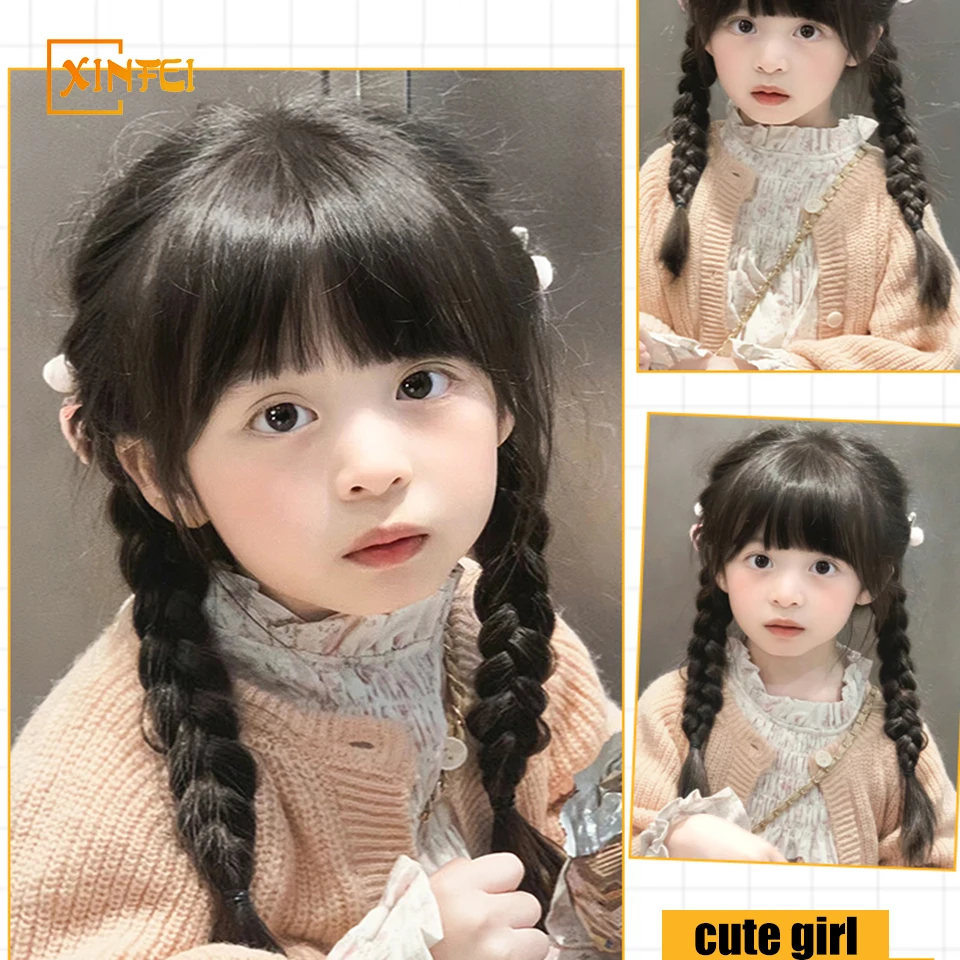 Synthetic Wigs Braided Hair Children\'s Long Straight Hair Sweet And Lovely Fluffy Ponytails A Pair Of Natural Boxing Braids