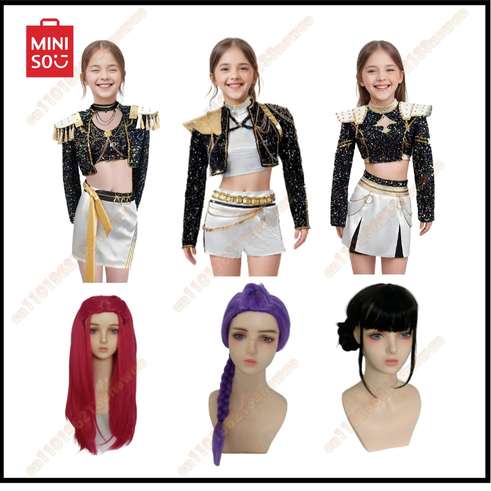 

Kids Kpop Demon Hunters Rumi Cosplay Costume Wig Coat Vest Pants Huntrix For Girls Clothes Group IdolHalloween Carnival Suit NEW
