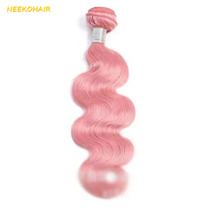 Bundel berwarna merah muda terang dengan 13x4 gelombang tubuh tenun depan Remy 100% bundel rambut manusia Brasil merah muda dengan penutup 4X4