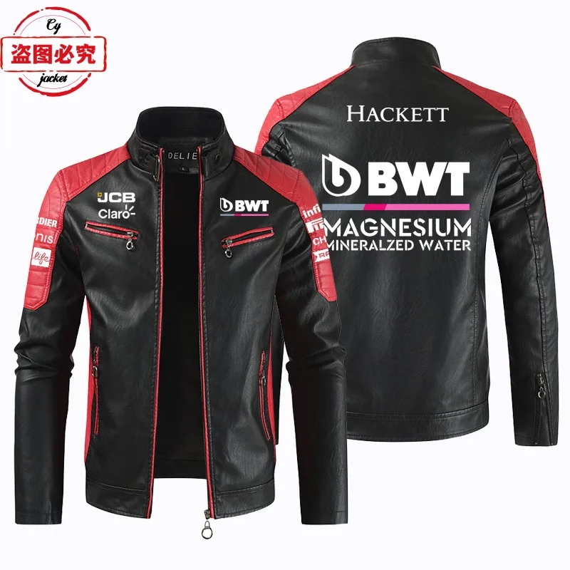 F1 racing LOGO printed retro washed pu leather jacket men's stand collar jacket BWT team team leather jacket