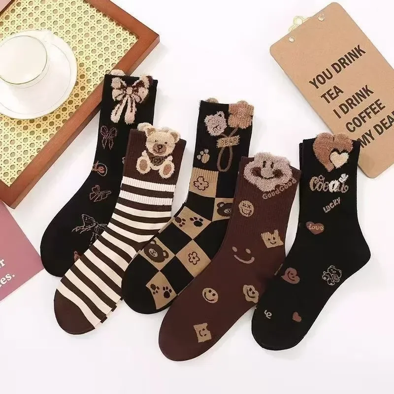 

Women's Socks Four Seasons Universal New Cute Bear Socks Women's Brown Coffee Middle Tube Cotton Breathable Long Socks Kawaii