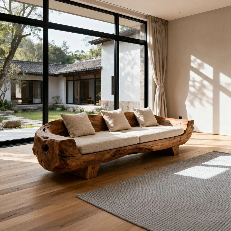 Log wind solid wood sofa, living room wabi sand sofa chair