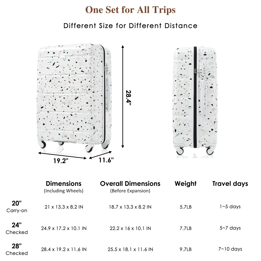 Juego de maletas de 3 ruedas giratorias para equipaje de mano con certificación de línea aérea con puerto USB de 20 pulgadas ABS + PC, color blanco cielo estrellado