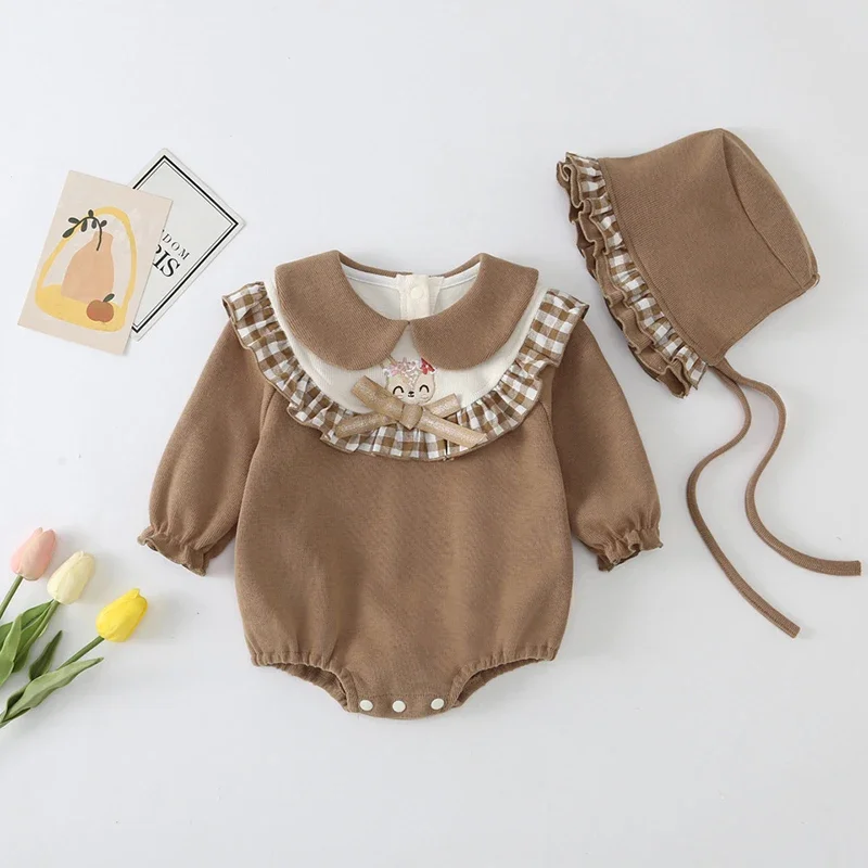 

Baby Girl Clothing Embroidered Deer Bow Cotton Romper Autumn Baby Rompers Long Sleeve Newborn Bodysuit+Hat Spring Infant Clothes