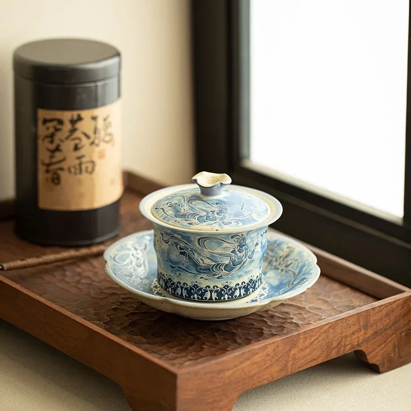 150ML Dunhuang Feitian Blue and White Flint Red Gaiwan Sancai Gaiwan Tea Bowl Jingdezhen Ceramic TeaSet Household KungFu TeaSet
