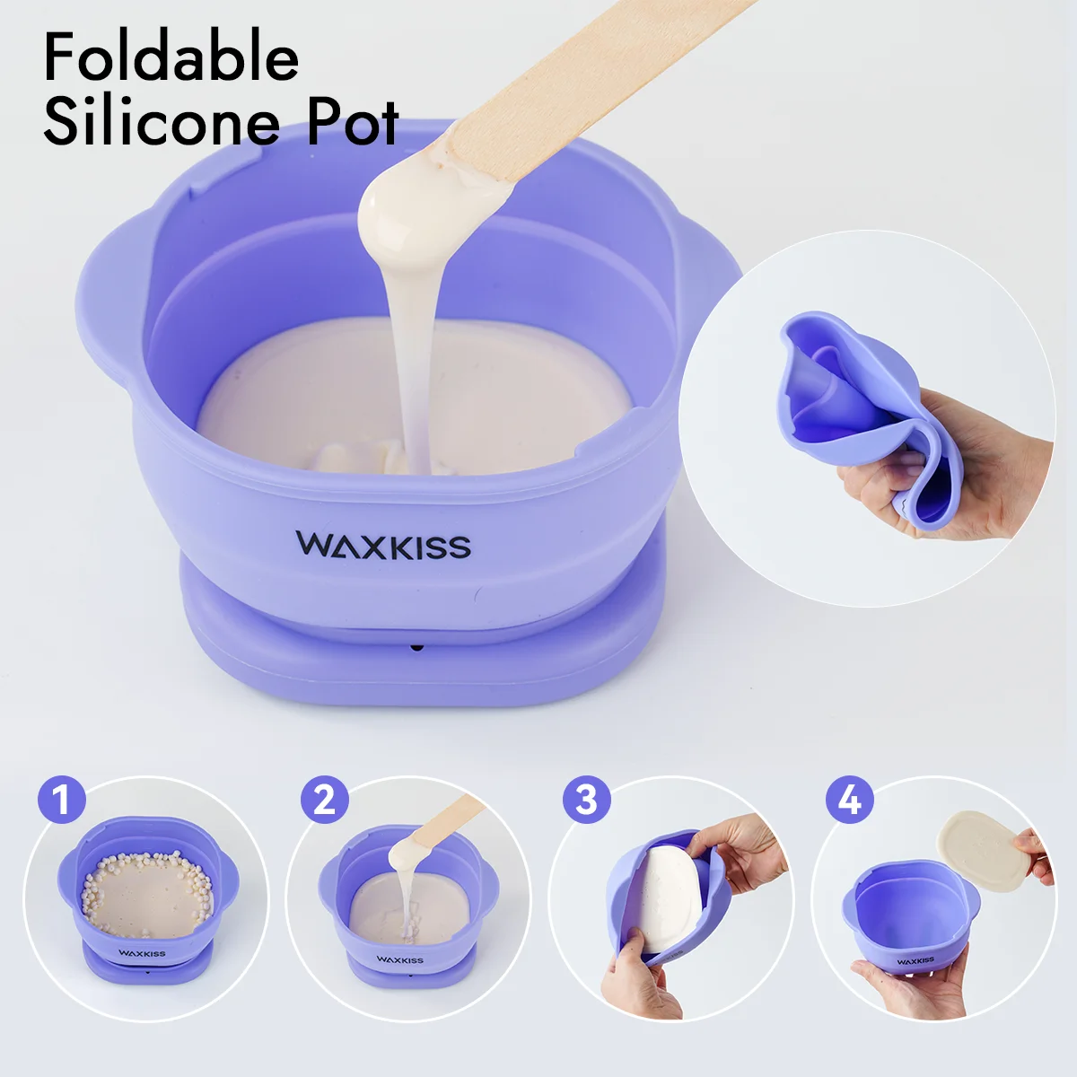 WAXKISS Silicone Wax Heater Kit, Portable Foldable Wax Machine, Fast Melting, Rose/Honey/Aloe/Chamomile Gentle Wax, Face Ear Eyebrow Beard Finger Hair Removal, Unisex One-Key, Non-Stick Silicone Easy Clean, Home Salon Travel Essential, Gift Box