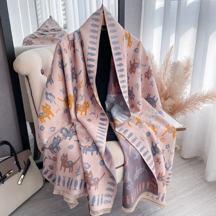 Novelty Cute Cat Fish Jacquard Feel Cashmere Scarf Long Shawl Women Winter Comfort Warm Neckerchief Bandelet Travel Pashmina