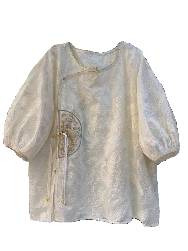 Floral Embroidered Jacquard Blouses Women Round Collar Loose Retro Tops Chinese Vintage Ethinic Style Shirts Oversized