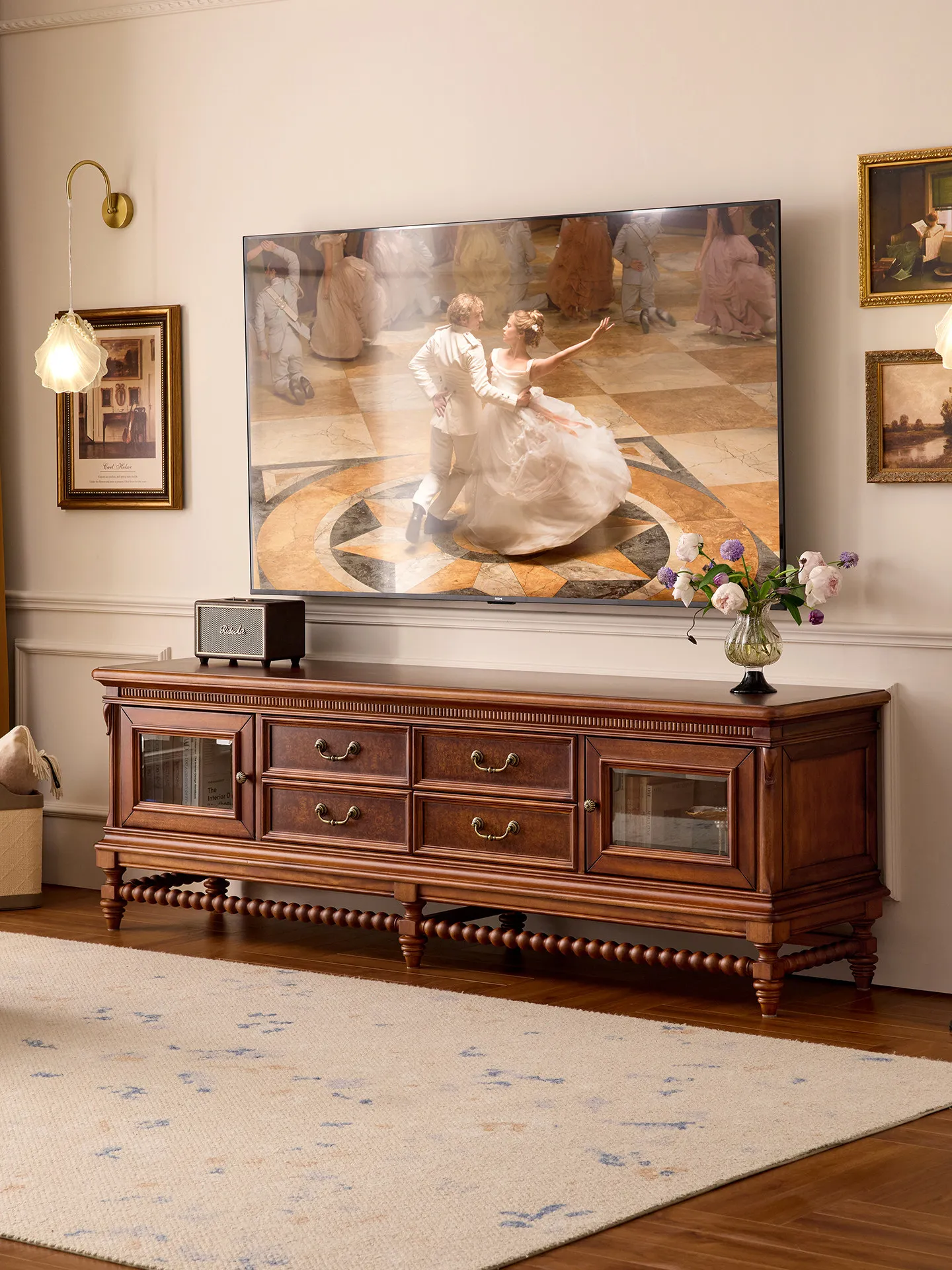 YFY French retro solid wood TV cabinet living room home coffee table floor integrated TV cabinet locker